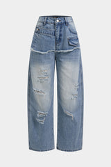 Denim Asymmetrical Frayed Ripped Wide Leg Jeans