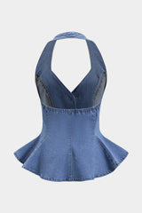 Denim Ruched Button Backless Crop Top