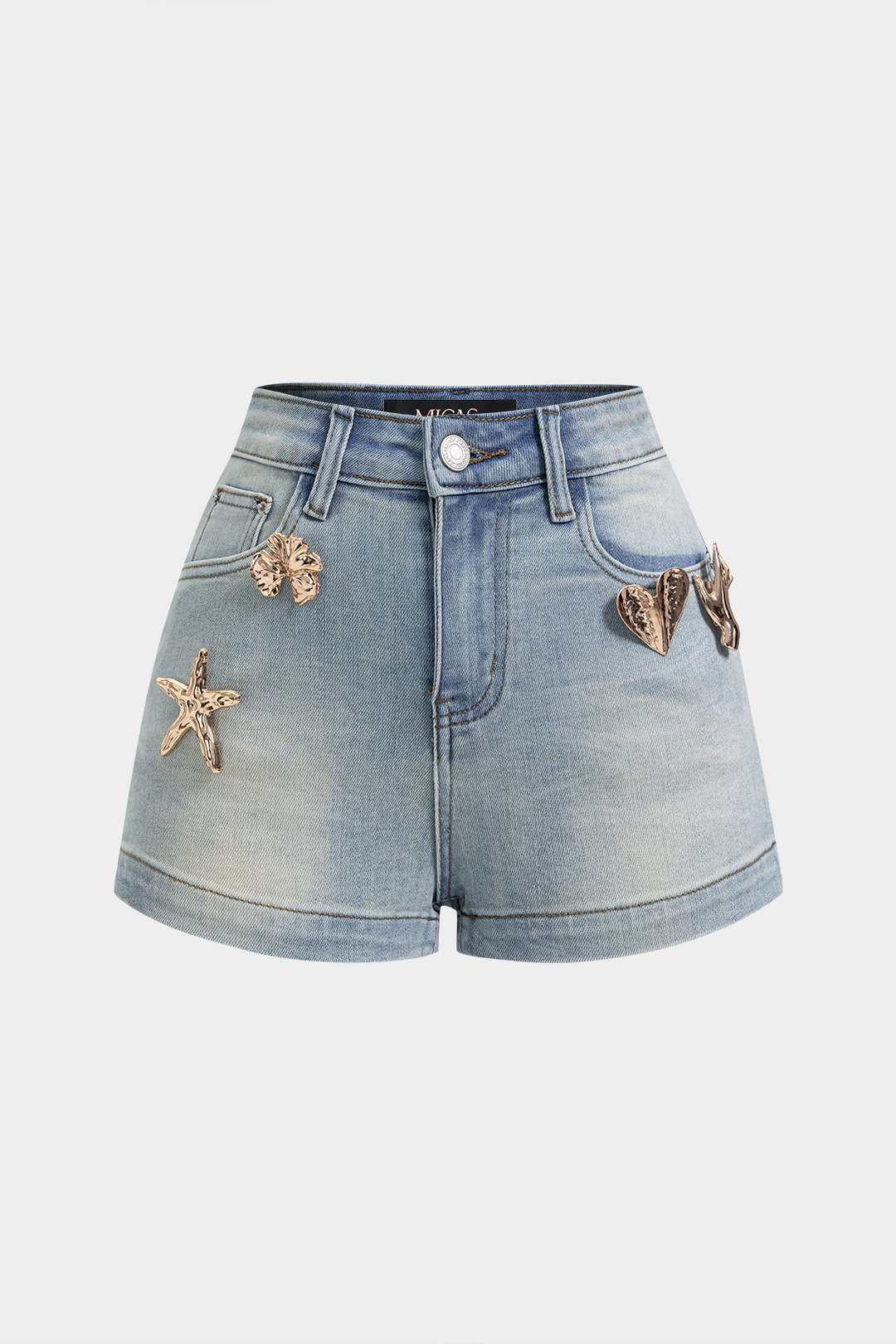 Denim Irregular Metallic Button Pocket Shorts