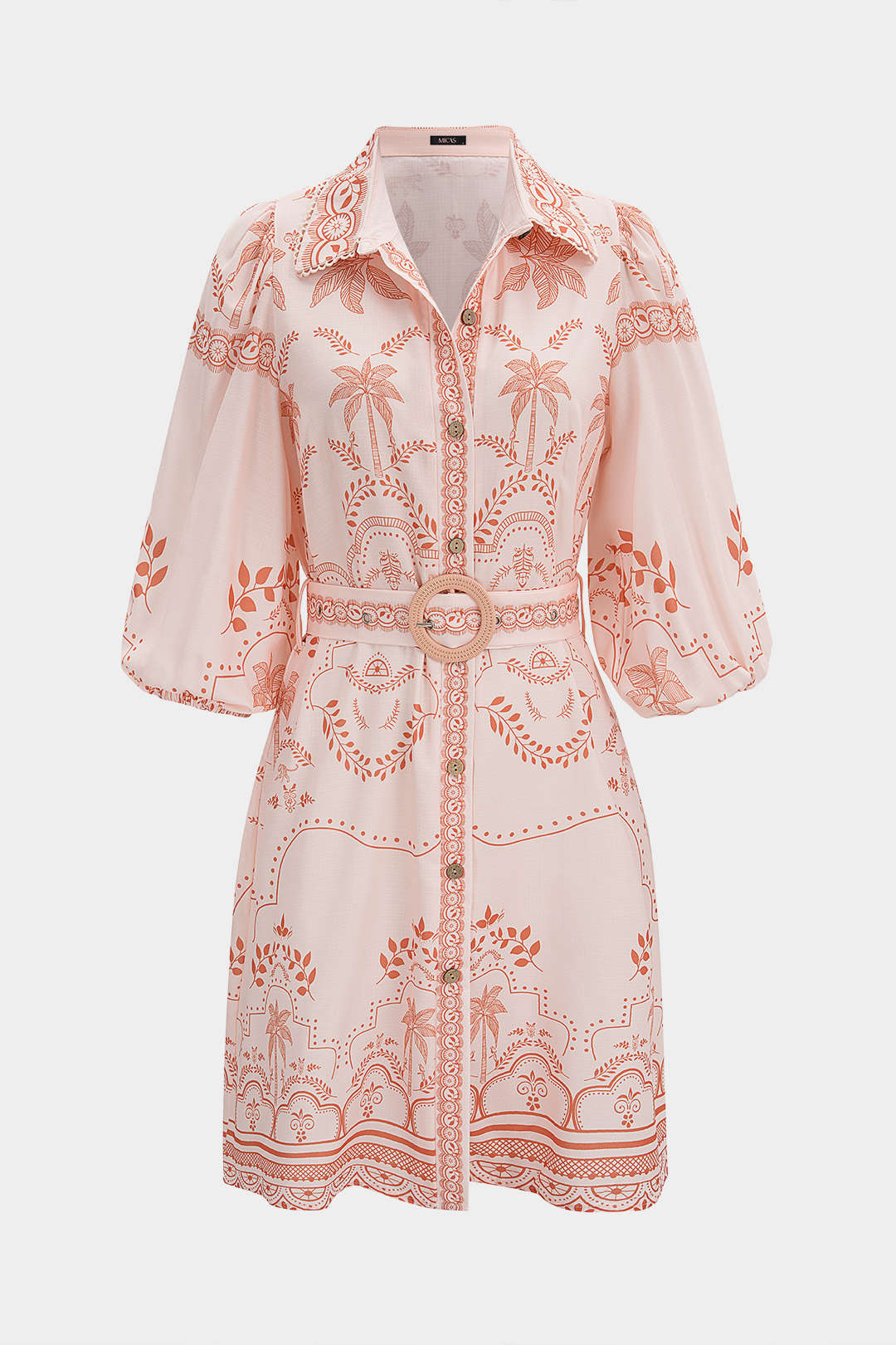 Coconut Palm Print Lapel Belted Midi Dress