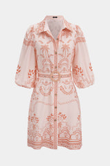Coconut Palm Print Lapel Belted Midi Dress