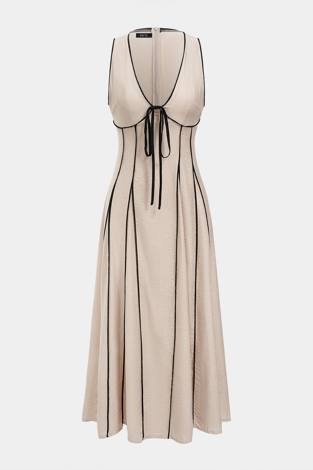 Contrast Binding V-Neck Tie-Up Sleeveless Maxi Dress