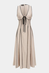 Contrast Binding V-Neck Tie-Up Sleeveless Maxi Dress