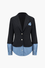 Denim Patchwork Notched Lapel Blazer