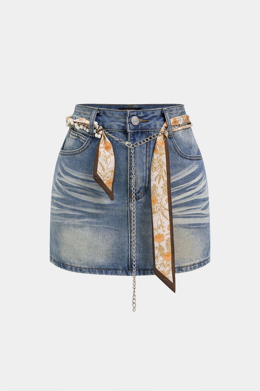 Denim Chain Belted High Waist Skirt