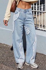 Denim Patchwork Stripes Print Asymmetrical Frayed Wide Leg Jeans