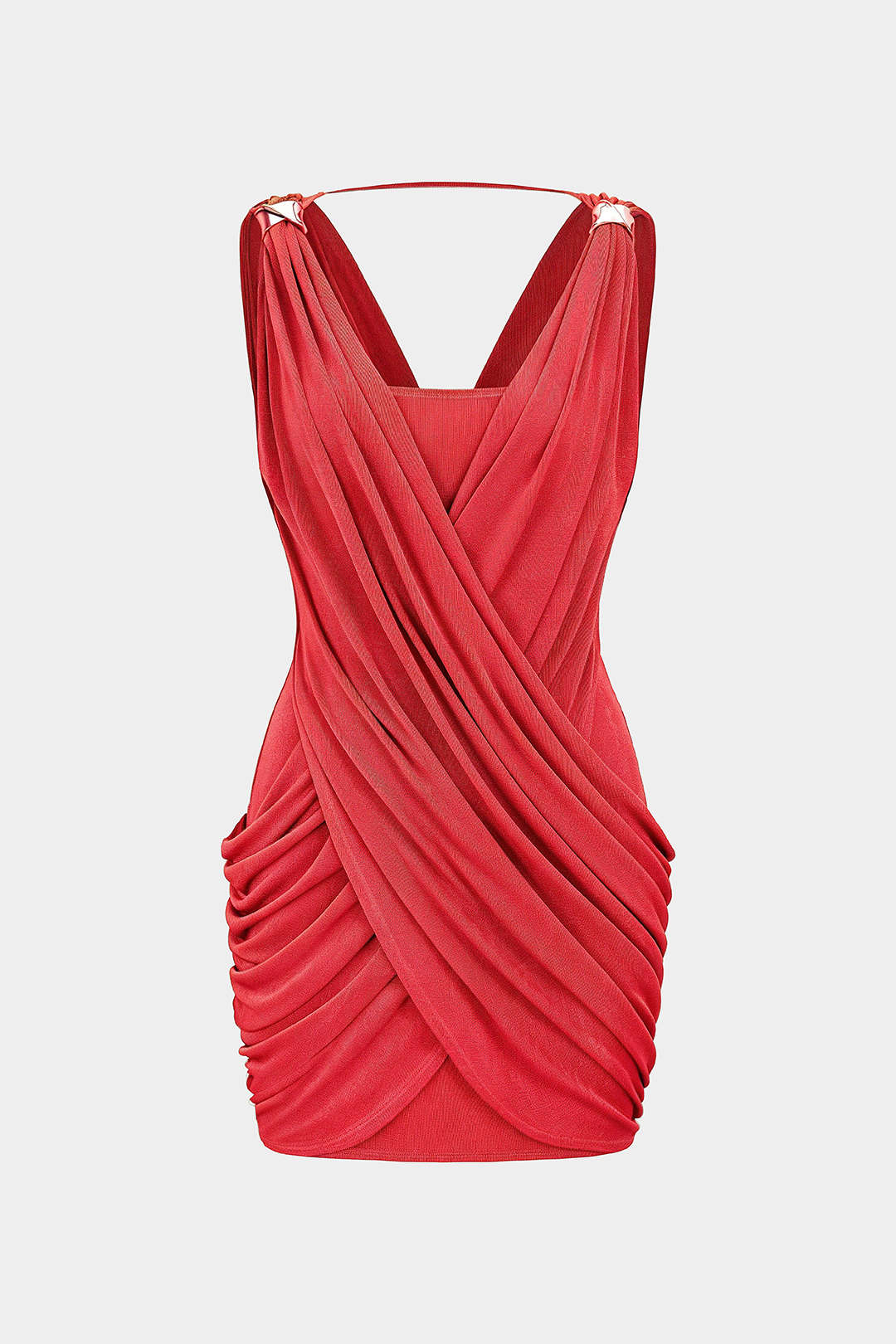 Crossed V-Neck Ruched Metallic Decor Sleeveless Mini Dress