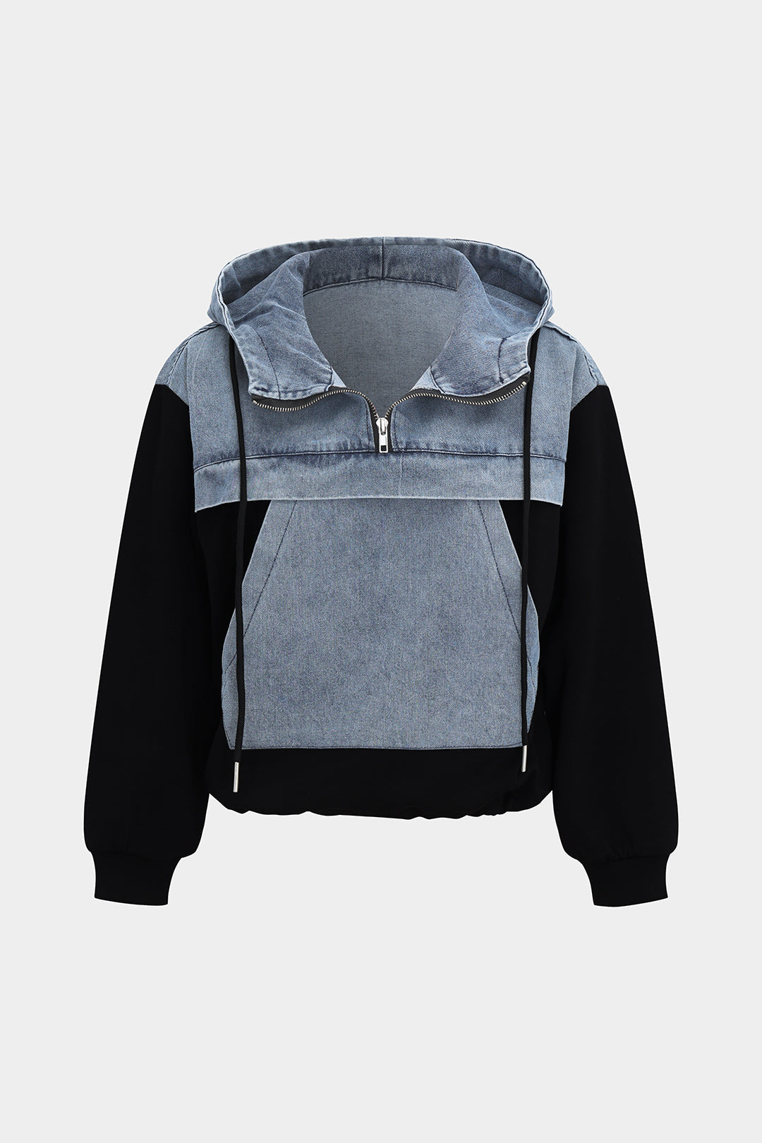 Denim Patchwork Long-Sleeve Hoodie