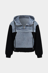 Denim Patchwork Long-Sleeve Hoodie