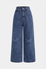 Denim Bow Rhinestone Straight Leg Jeans