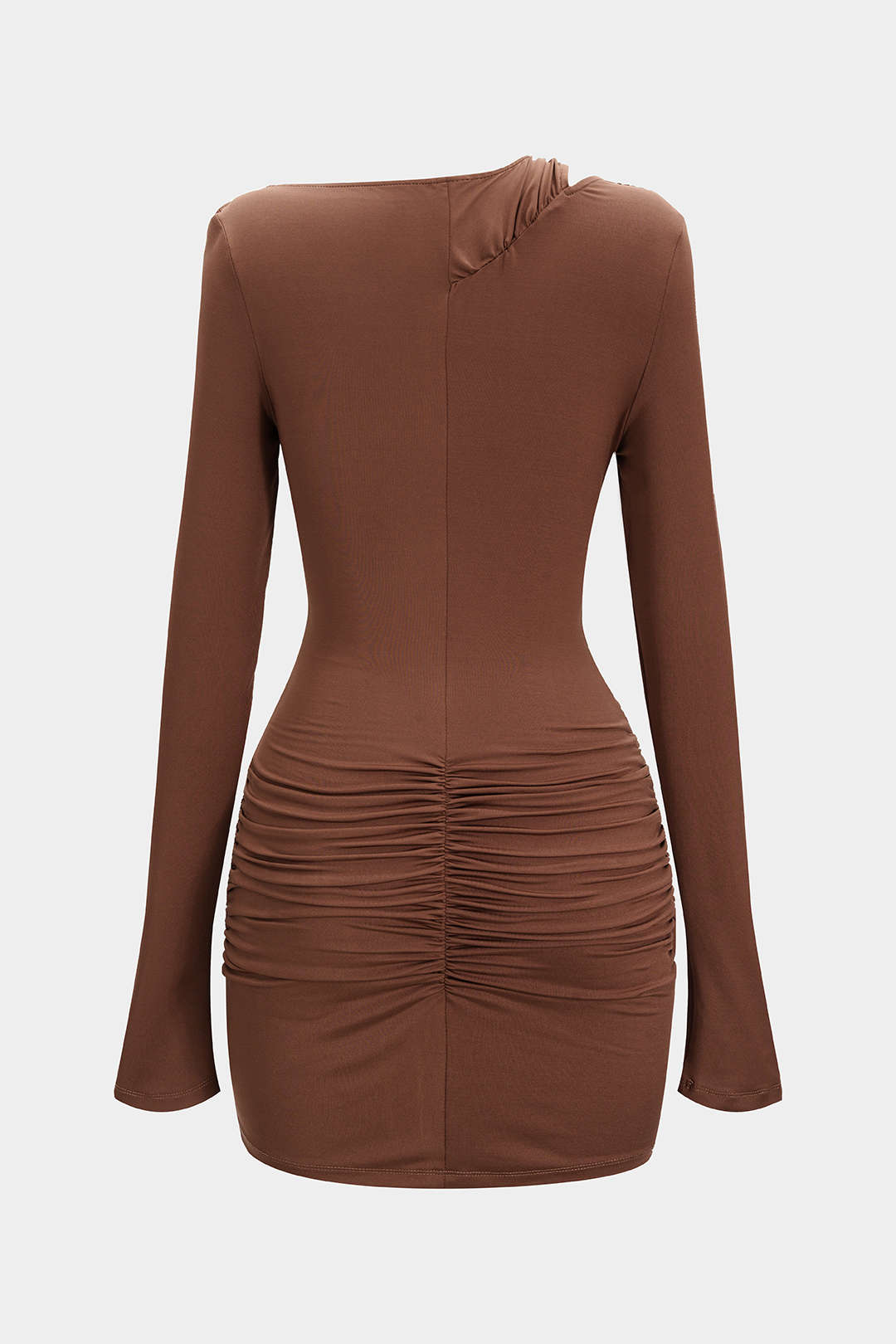 Asymmetrical Neck Ruched Long Sleeve Mini Dress