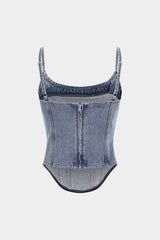 Denim Round Neck Seamdetail Zipper Top