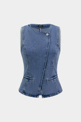 Denim Round Neck Asymmetrical Vest