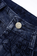 Denim Floral Print Zipper Barrel Jeans