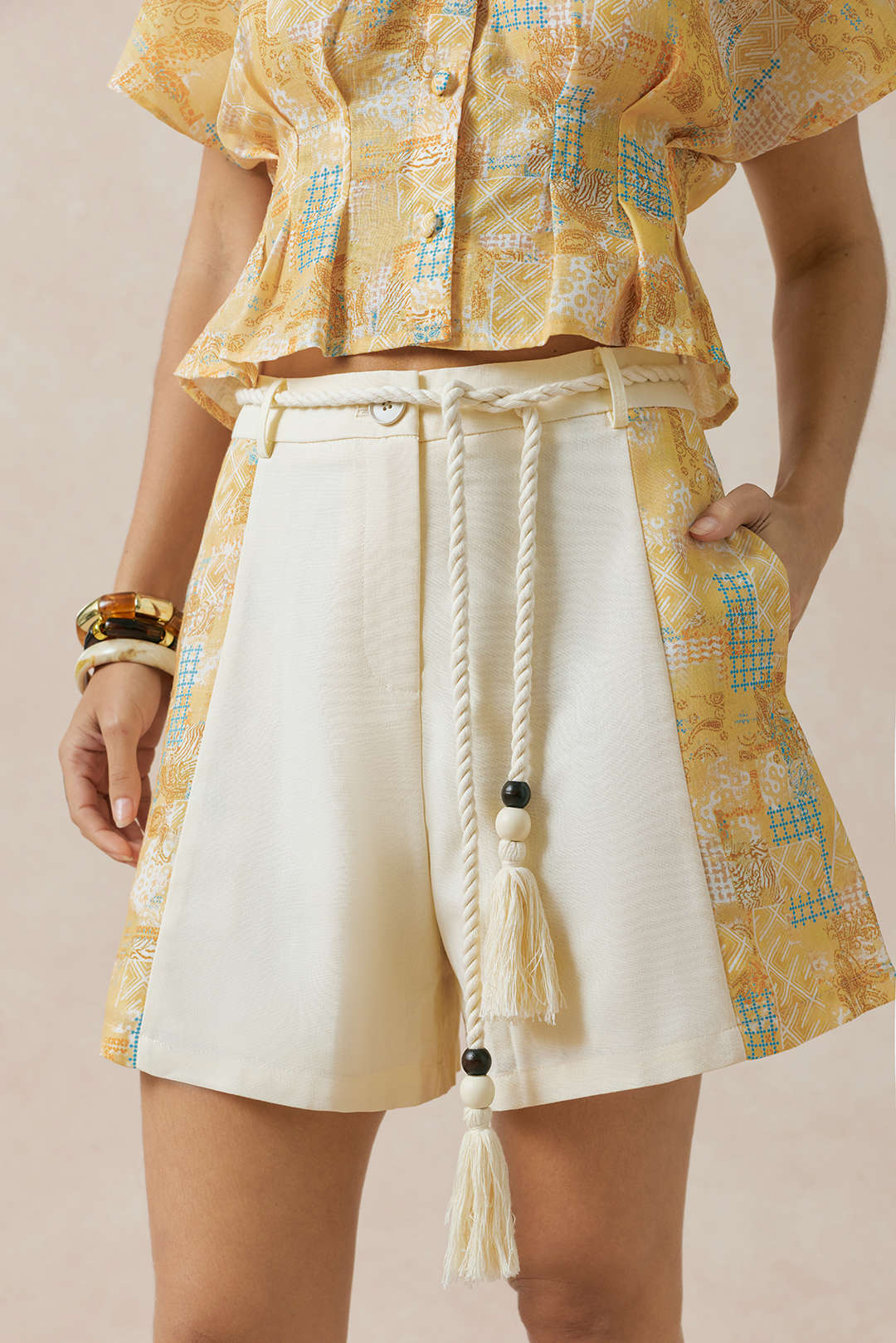 Contrast Print Linen Wide Leg Shorts