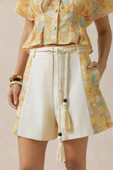 Contrast Print Linen Wide Leg Shorts