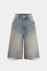 Denim Straight Leg Ripped Frayed Jorts
