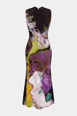 Contrast Floral Print Mesh Patchwork Sleeveless Midi Dress