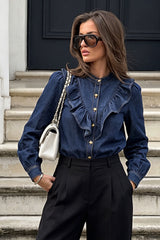 Denim Ruffle Button Long Sleeve Shirt