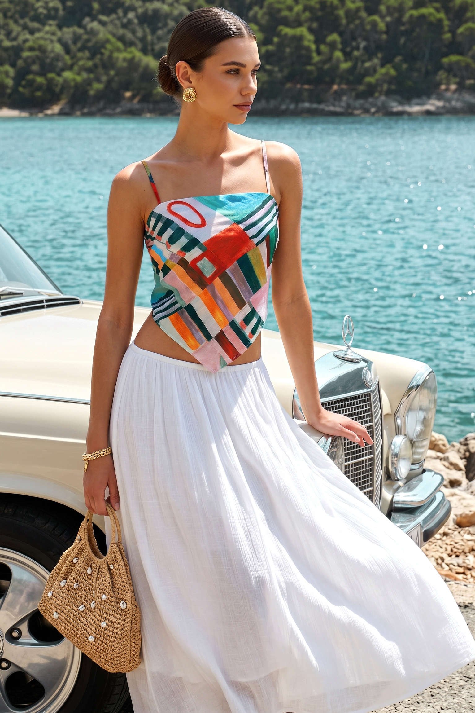 Abstract Geometric Print Knotted Cami Top