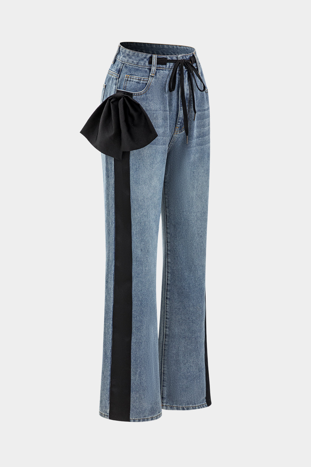 Bow Tie Patchwork Pocket Straight Leg Jeans