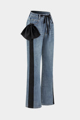 Bow Tie Patchwork Pocket Straight Leg Jeans