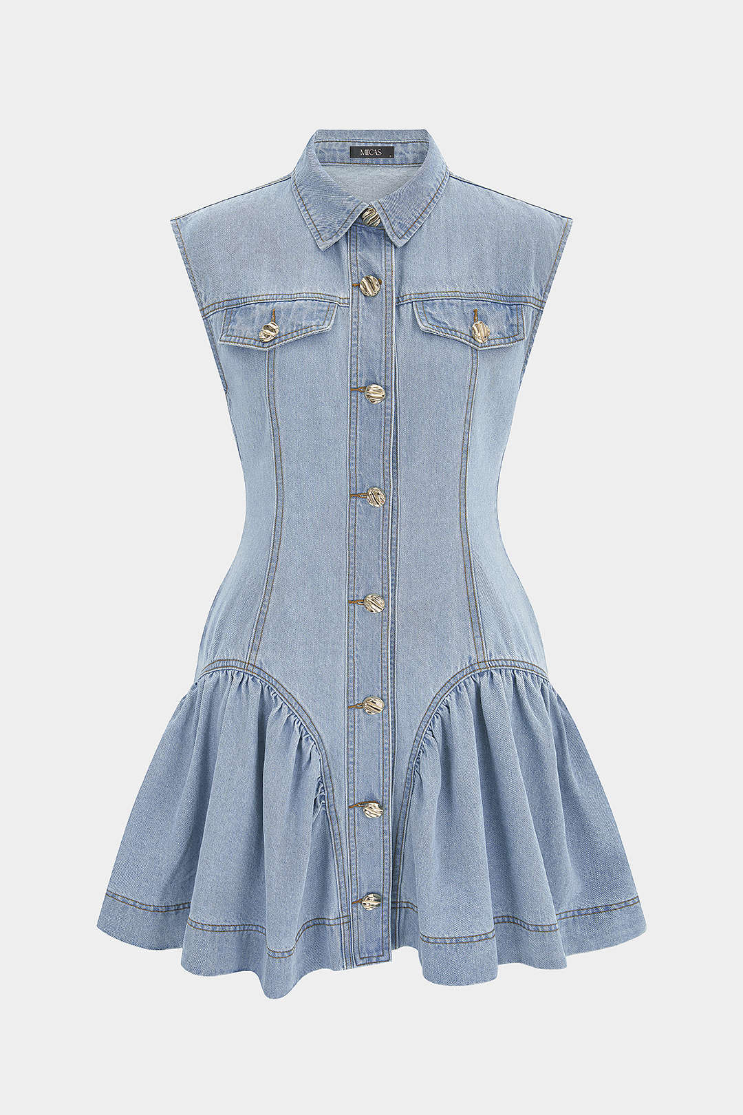 Denim Lapel Button Ruffle Sleeveless Mini Dress