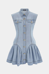 Denim Lapel Button Ruffle Sleeveless Mini Dress