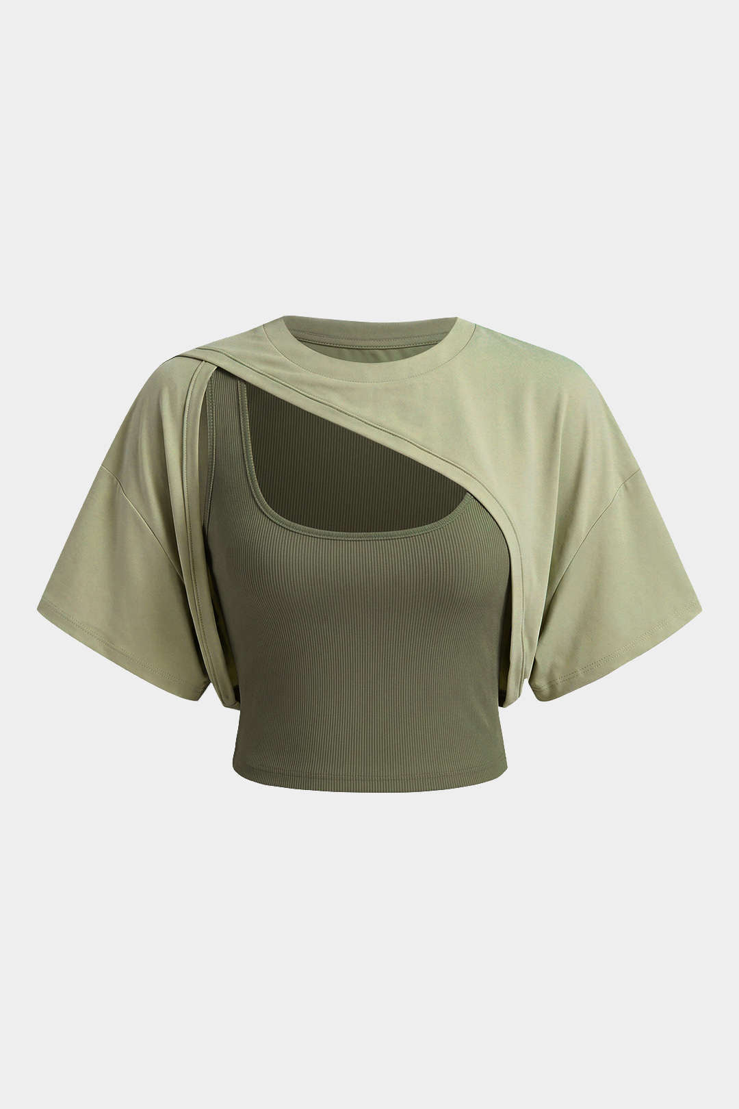 Contrast Asymmetrical Round Neck Two-Piece Short Sleeve Top