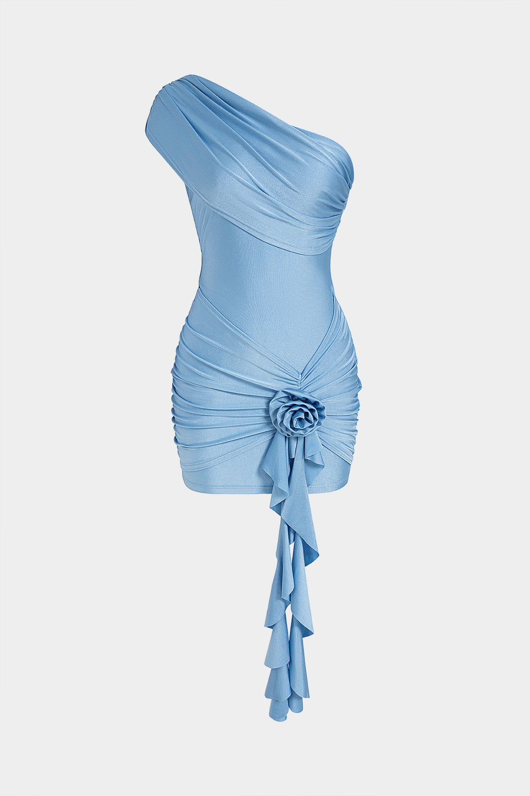 3D Flower Decor Ruffle Ruched One Shoulder Asymmetrical Mini Dress