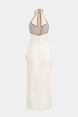 Contrast Binding Crossed Halter Asymmetrical Tie-Up Backless Sleeveless Midi Dress