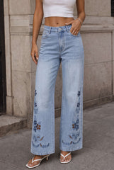 Denim Floral Cut Out Straight Leg Jeans