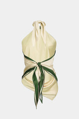 Contrast Floral Print Satin Halter Neck Tie-Up Backless Tank Top