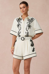 Contrast Flower Applique Short Sleeve Shirt And Belted Shorts Set