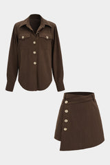Corduroy Button Long-Sleeve Shirt And Button Skirt Set