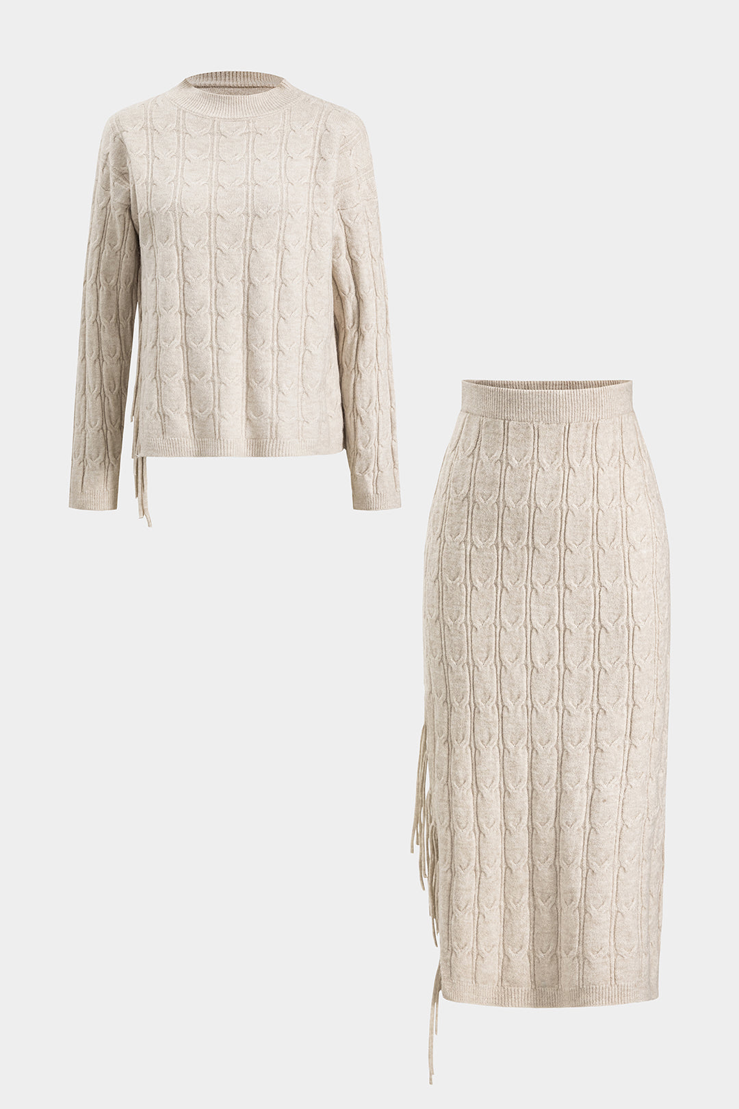 Cable Knit Fringe Long-Sleeve Top And Skirt Set