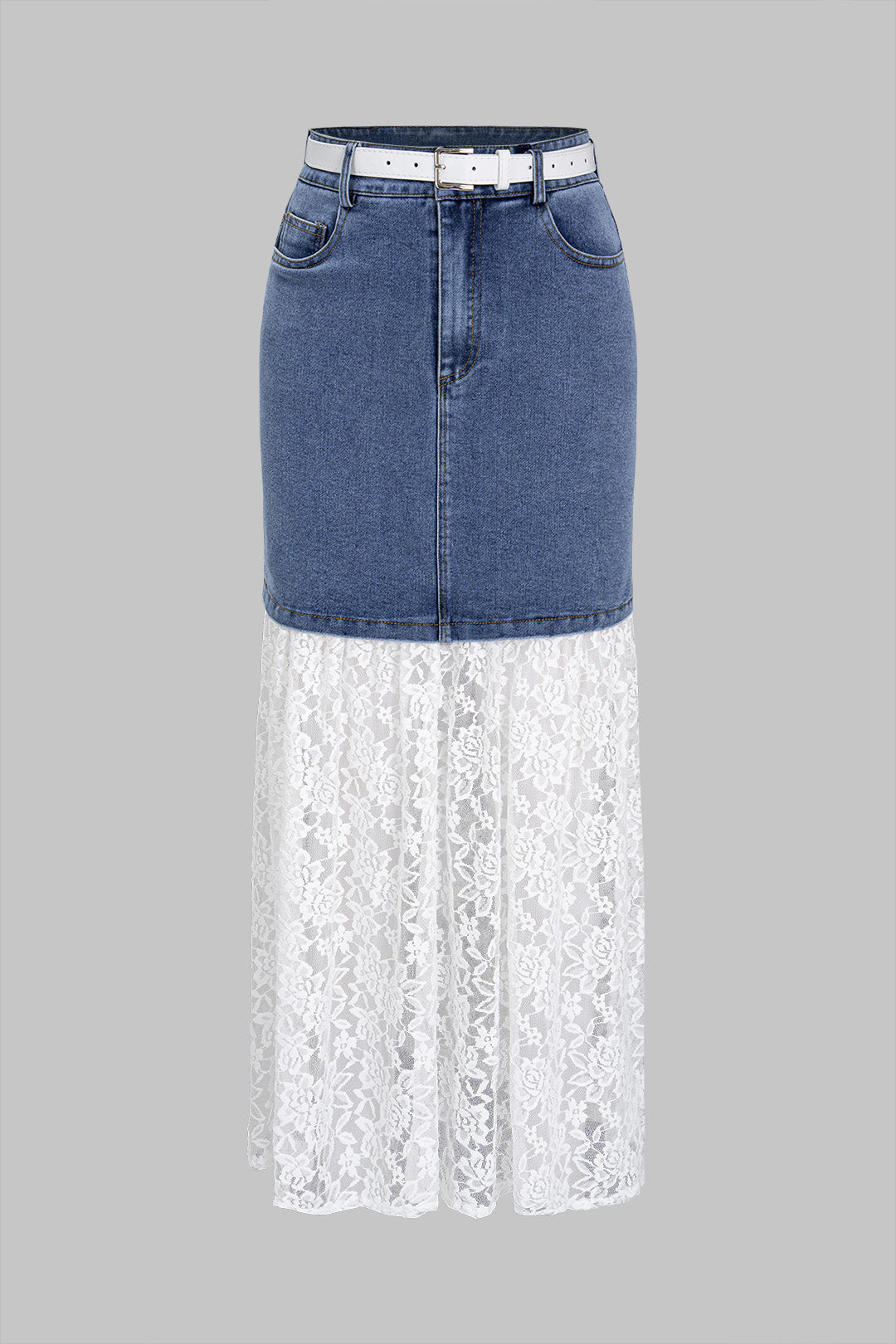 Denim Patchwork Lace Belted High Waist Skirt