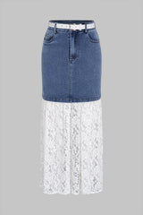 Denim Patchwork Lace Belted High Waist Skirt