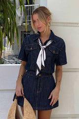 Denim Patchwork Satin Tie-Up Short Sleeve Mini Dress