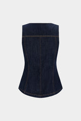 Denim Round Neck Asymmetrical Metallic Button Tank Top