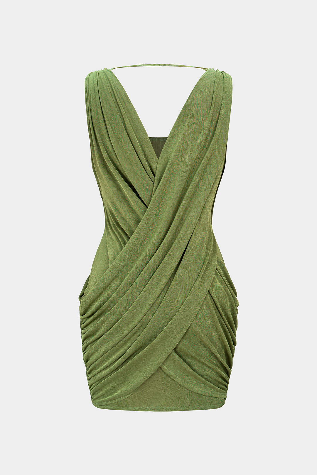 Crossed V-Neck Ruched Metallic Decor Sleeveless Mini Dress