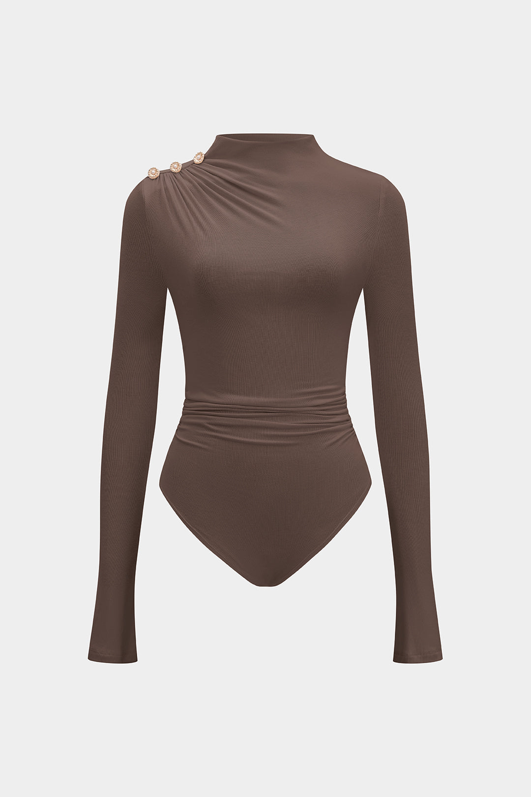 Asymmetrical Button Ruched Long Sleeve Bodysuit