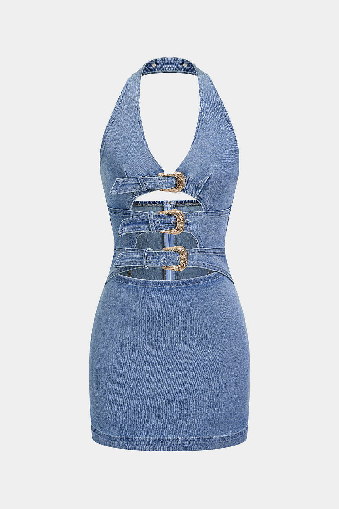 Denim Halter V-Neck Cut Out Buckle Backless Sleeveless Dress