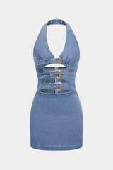 Denim Halter V-Neck Cut Out Buckle Backless Sleeveless Dress