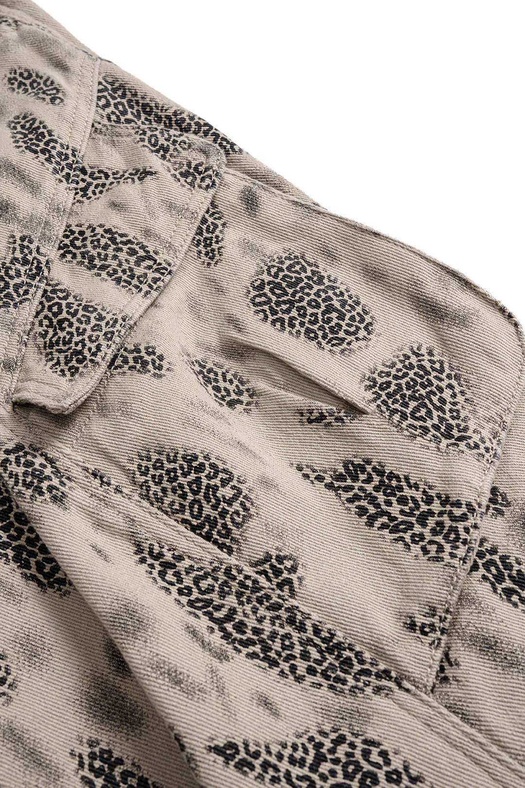 Denim Leopard Print Pleated Zipper Wide Leg Jeans