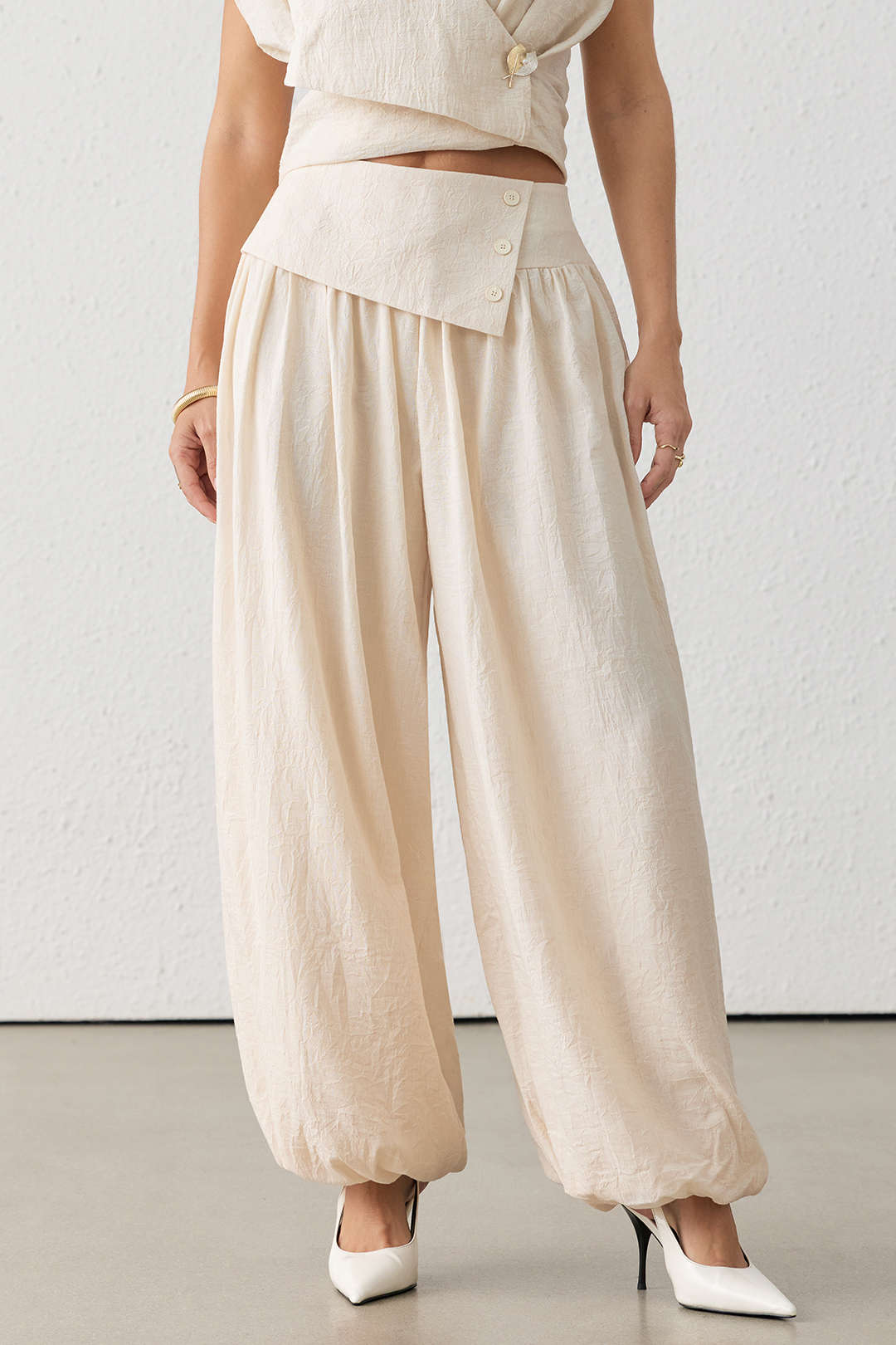 Asymmetrical Button Ruched Wide Leg Pants