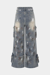 Denim Graffiti Print Ziper Pocket Straight Leg Jeans