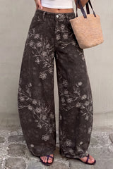 Denim Floral Embroidery Pocket Barrel Jeans
