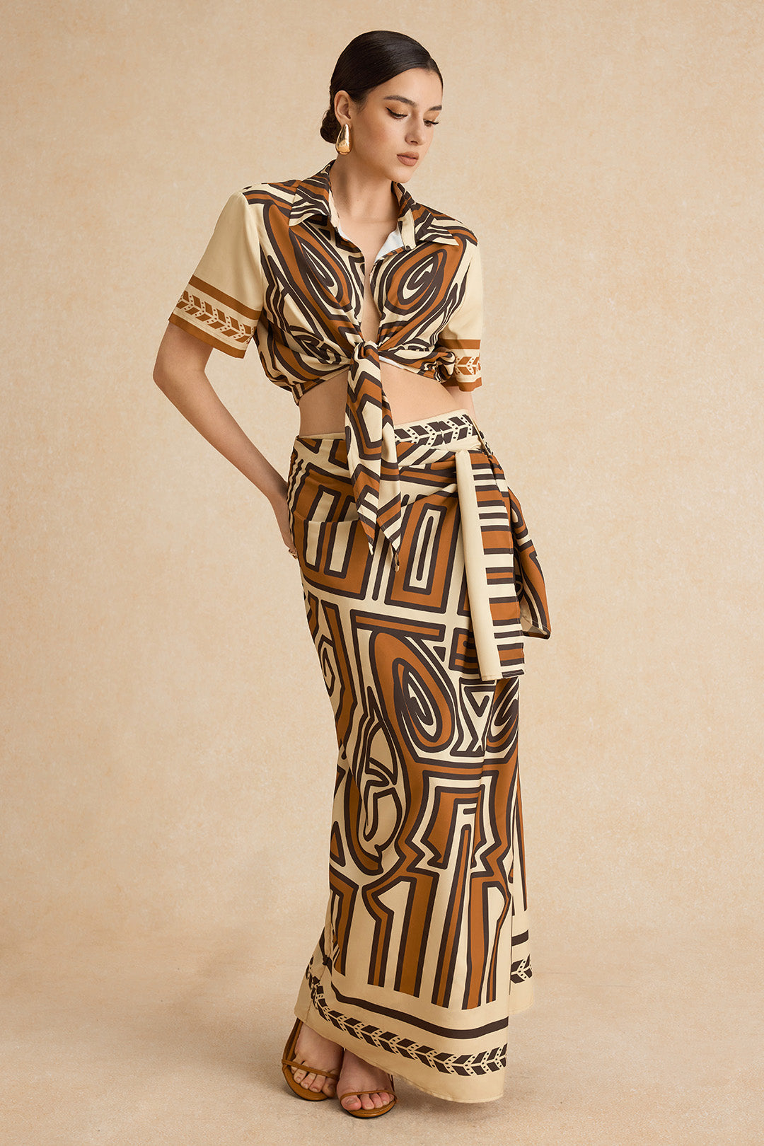 Bohemian Print  Tie Front Short-Sleeve Shirt