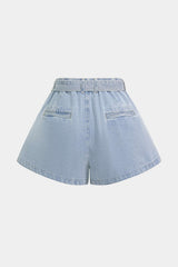 Denim Belted High Waist Pleated Wide Leg Shorts